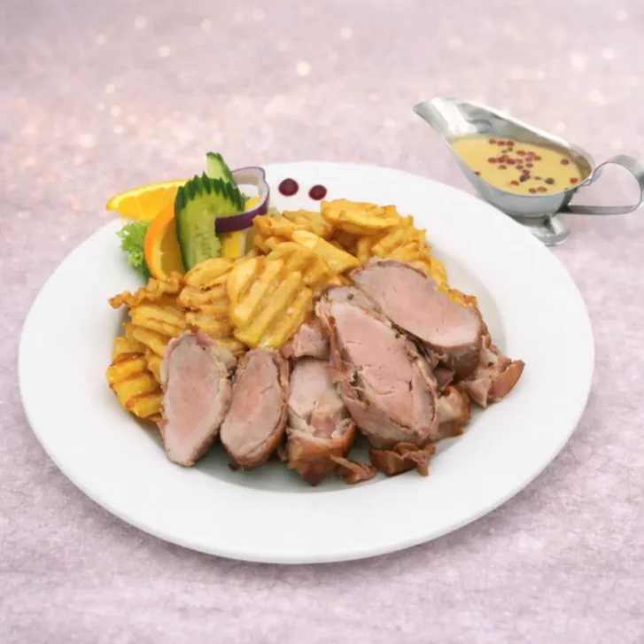 Sous-vide sertésszűz baconkéregben, rózsaborsmártással, hullámos burgonyával