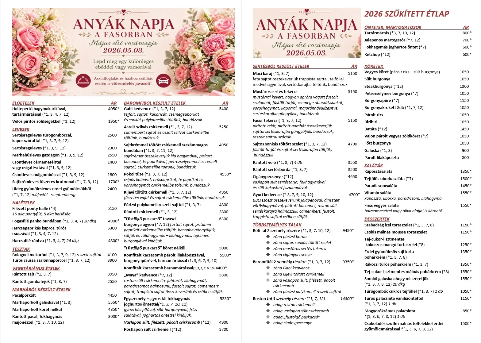 2026 Anyák napja szűkített étlap