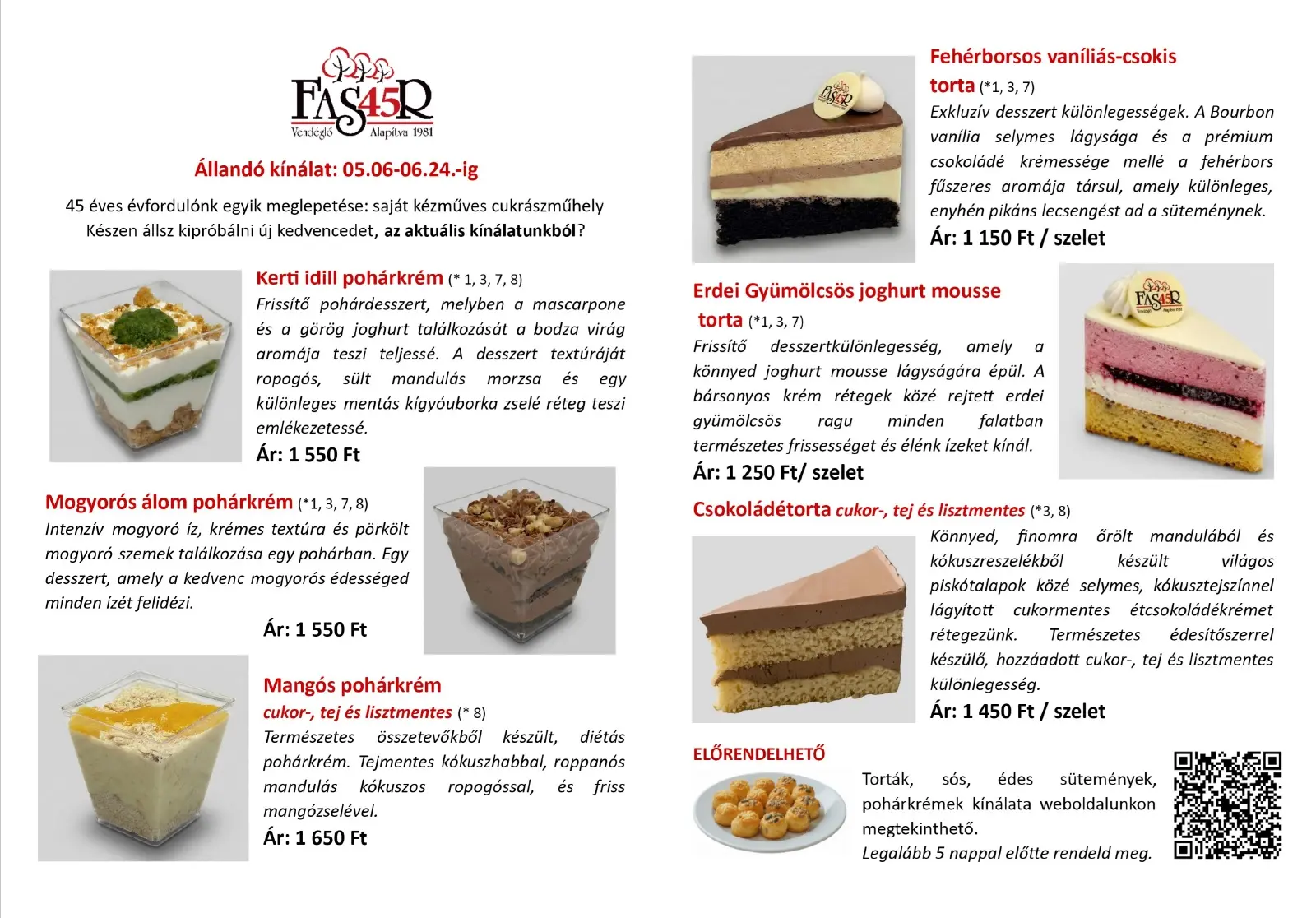 Fasor cukrászműhely kínálat 2026.0506-06.24
