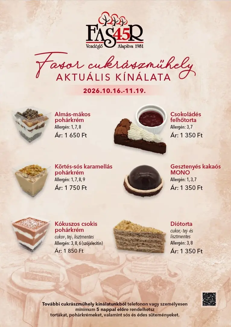 Fasor Cukrász műhely kínálata 10.15-11.19.