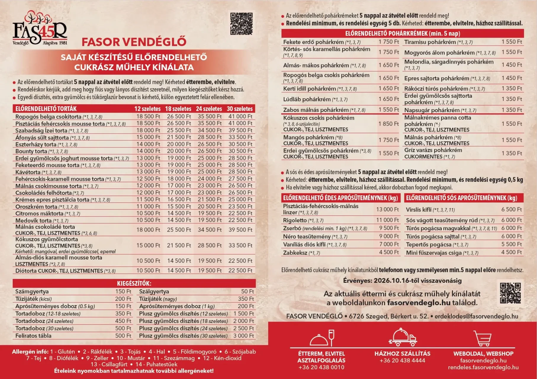 Fasor előrendelhető cukrászműhely kínálata
